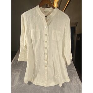 J Jill Jacket Tunic Large Petite White Linen Button‎ Up Pockets  Shacket Coastal